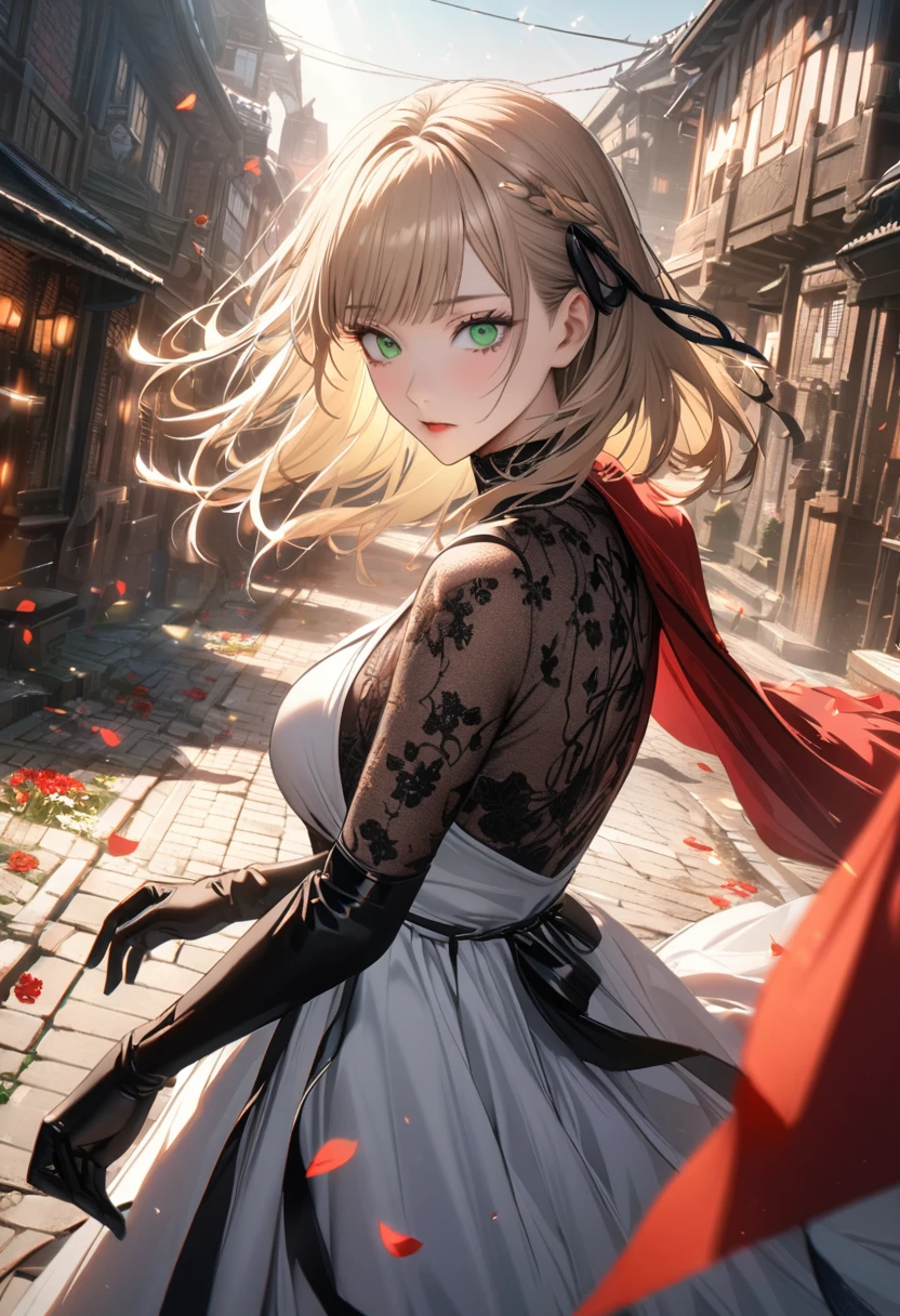 4k, very detailed, hd, Aida, ash blonde hair with bangs, green eyes, white fantasy dress with black patterns, red cape, Jujutsu Kaisen, town, flowers and petals, sunlight, black ribbon on her hair, 1 woman only, pretty, extreme beautiful, black gloves