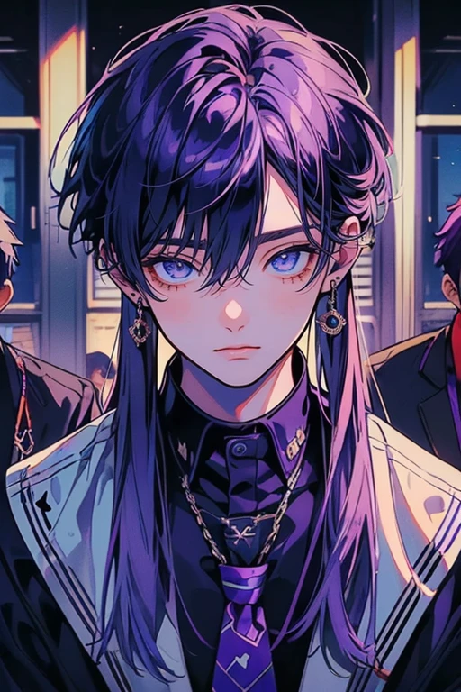 (muste piece), (best quality), very detailed, (((Two friendly high school boys:1.5))), perfect face, beautiful face, very detailed face,(purple haired man:1.3),(blue haired man:1.3),School,classroom,student uniform,white uniform, tie,shirt