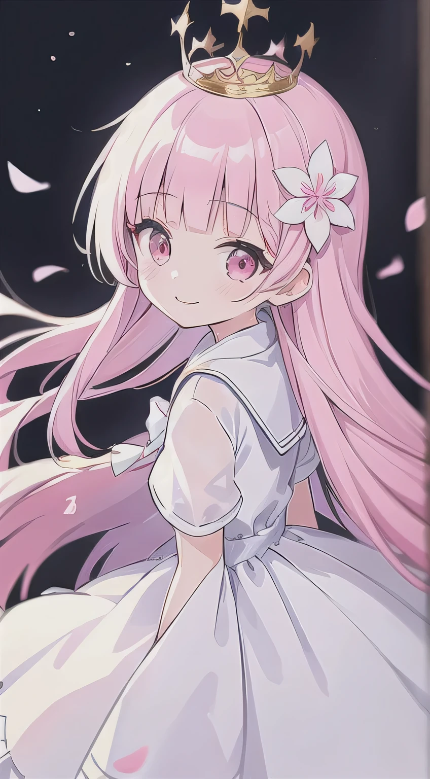 1girl, masterpiece, wearing white dress, long hair, wearing crown, pink eyes, smile, 8k resolutions, looking to the side, blunt bangs, pink hair, flower hair ornaments