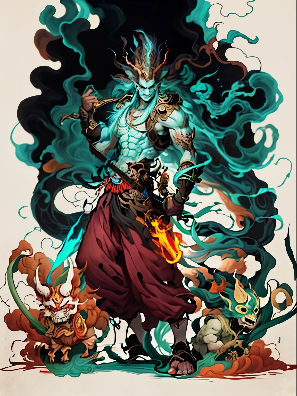 a drawing of a man with a sword and a demon, beautiful male god of death, mohrbacher, inspired by Shunkōsai Hokushū, in the art style of mohrbacher, asura from chinese myth, the god of chaos, inspired by Ryūkōsai Jokei, in style of peter mohrbacher