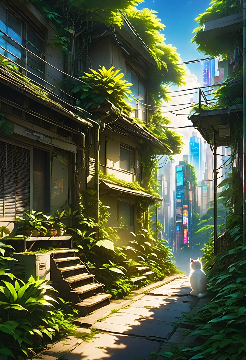 8K、Raw photo、highest quality、look up:1.2、masterpiece:1.2、genuineistic、ultra high resolution、high contrast、photon mapping、genuine、Super detailed、official art, Raw photo、professional lighting、 light、Vivid atmosphere、twicelight) This anime scene、While having the atmosphere of a work directed by Makoto Shinkai,、Expresses a post-apocalyptic worldview。A girl with a backpack looking at the city skyline from the forest、It is reminiscent of emotional scenes like Makoto Shinkai's works.。 High-rise buildings in the city are covered with trees from the walls and windows々pops out、The building is covered like a lush jungle.、It depicts a futuristic landscape where nature and the city are fused.。A city bathed in bright sunlight、It suggests a bright and hopeful future.。 A girl trying to enter a building in the city、It symbolizes young people trying to break out into society.。and、The pure white cat that is nestled next to me、As a familiar presence、Watching the girl's journey。 This scene is、Following the style of director Makoto Shinkai、I am drawing a post-apocalyptic animation with a unique world view.。
