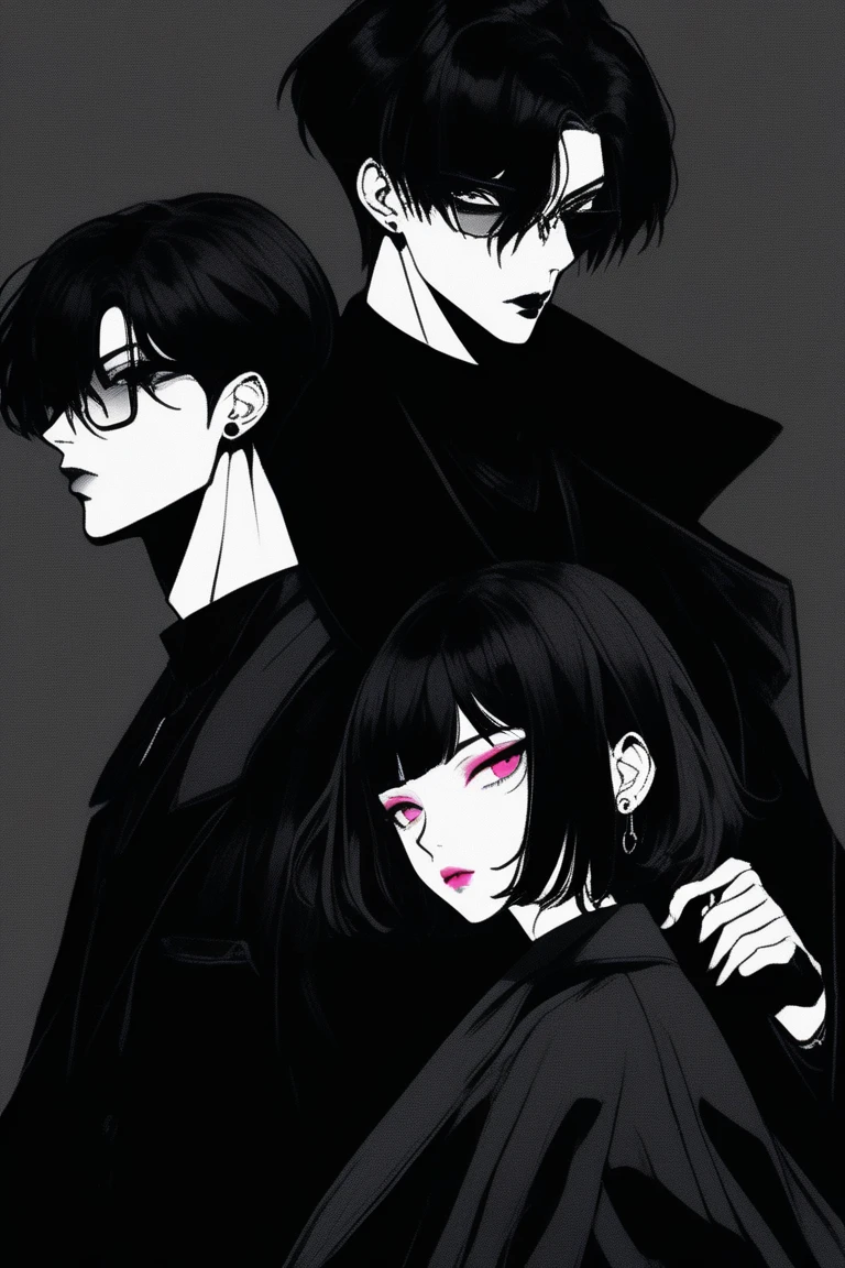 (best quality, sketch:1.2),realistic,illustrator,anime,1 boy, detailed lips, black dress8,custom, (background dark monochrome),neon hair,textured cropping, masterpiece, style retro classic, noir dark, art, sketch book, (bob hair black:1.75 neon:1.32), bad boy , dark shadows