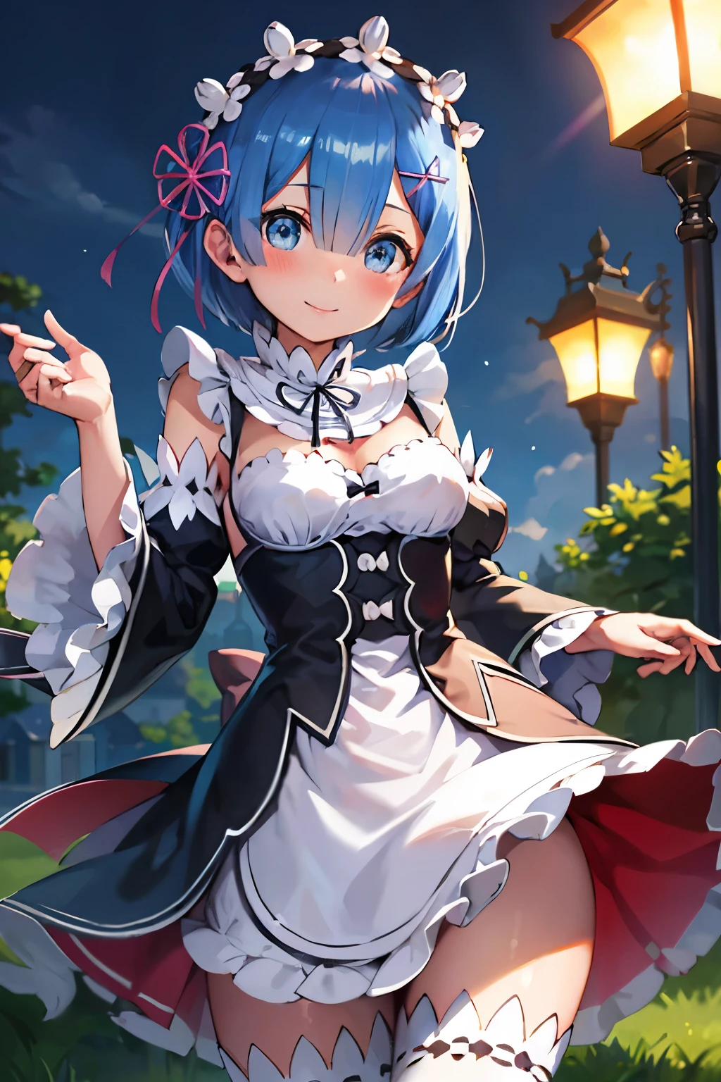 masterpiece, best quality, anime, re:zero, insane smile, crazy eyes, covered in blood, rem, maid outfit, view from bottom staring up, stars, full moon, trees, forest