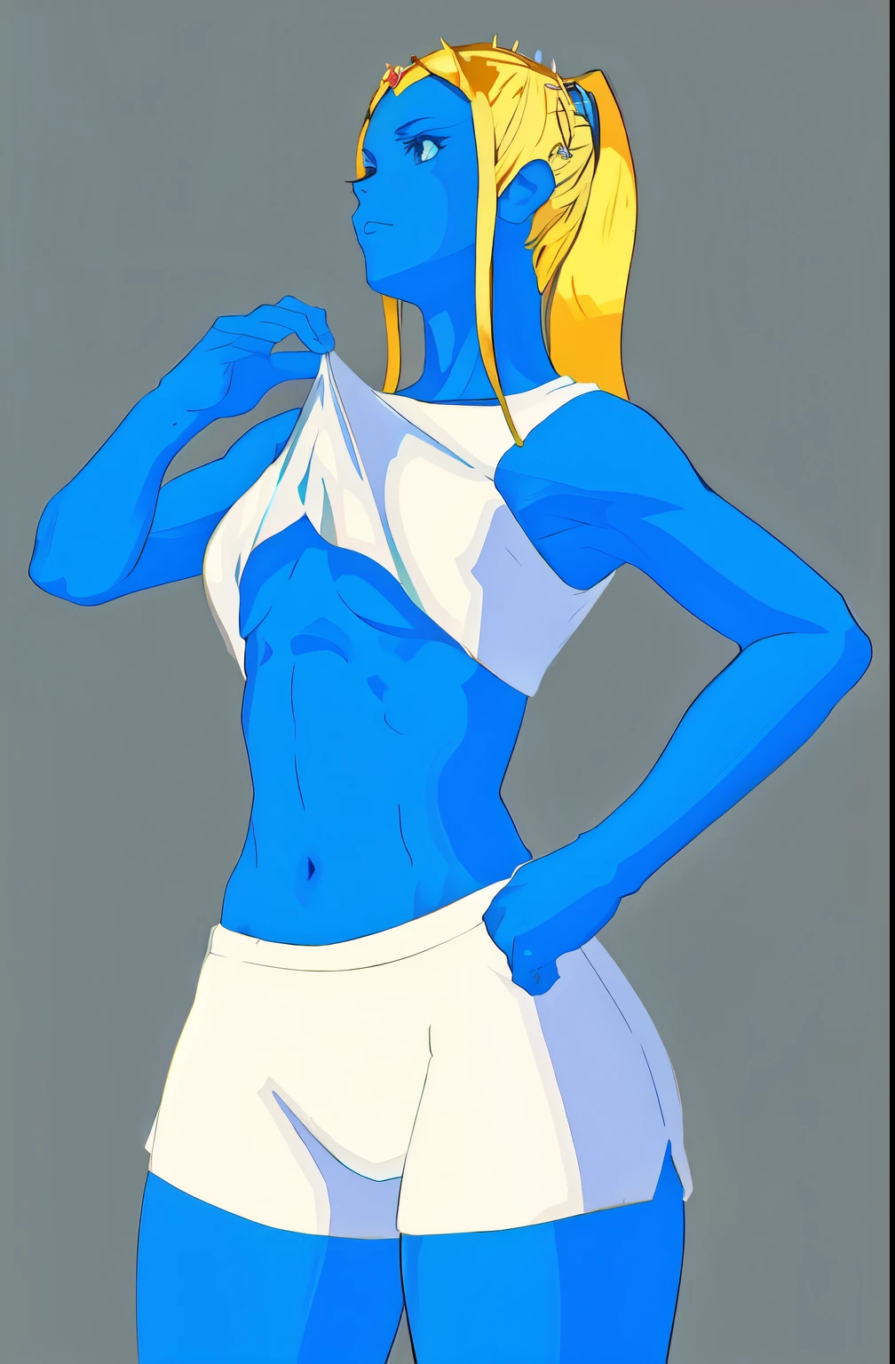 uma imagem de desenho animado de uma mulher com corpo azul e blusa branca, com pele azul, um pouco de amarelo e azul, inspirado em INO, zero naipe mesmo, Cory Chase como Atlante, princess 'kida' kidagakash, Lúcio as a woman, commission for high resolution, fanart de samus aran, aesthetics!!!!!! female genius, cor azul