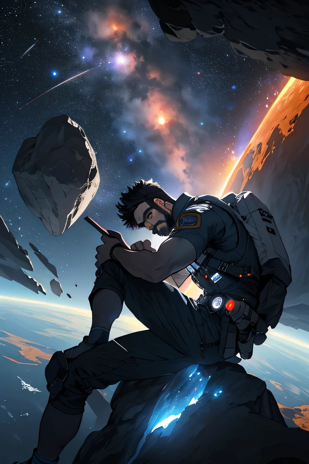 Desenhe um jovem programador, sitting on a research platform floating in the middle of an asteroid belt. He is studying with a notebook, surrounded by several asteroids glowing with fiery auras. Dramatic lighting from distant stars and planets illuminates the scene, casting deep shadows on the costume. O jovem parece confiante e determinado, looking at the vast and mysterious universe with awe and respect,Facial hair, tiro de vaqueiro,
