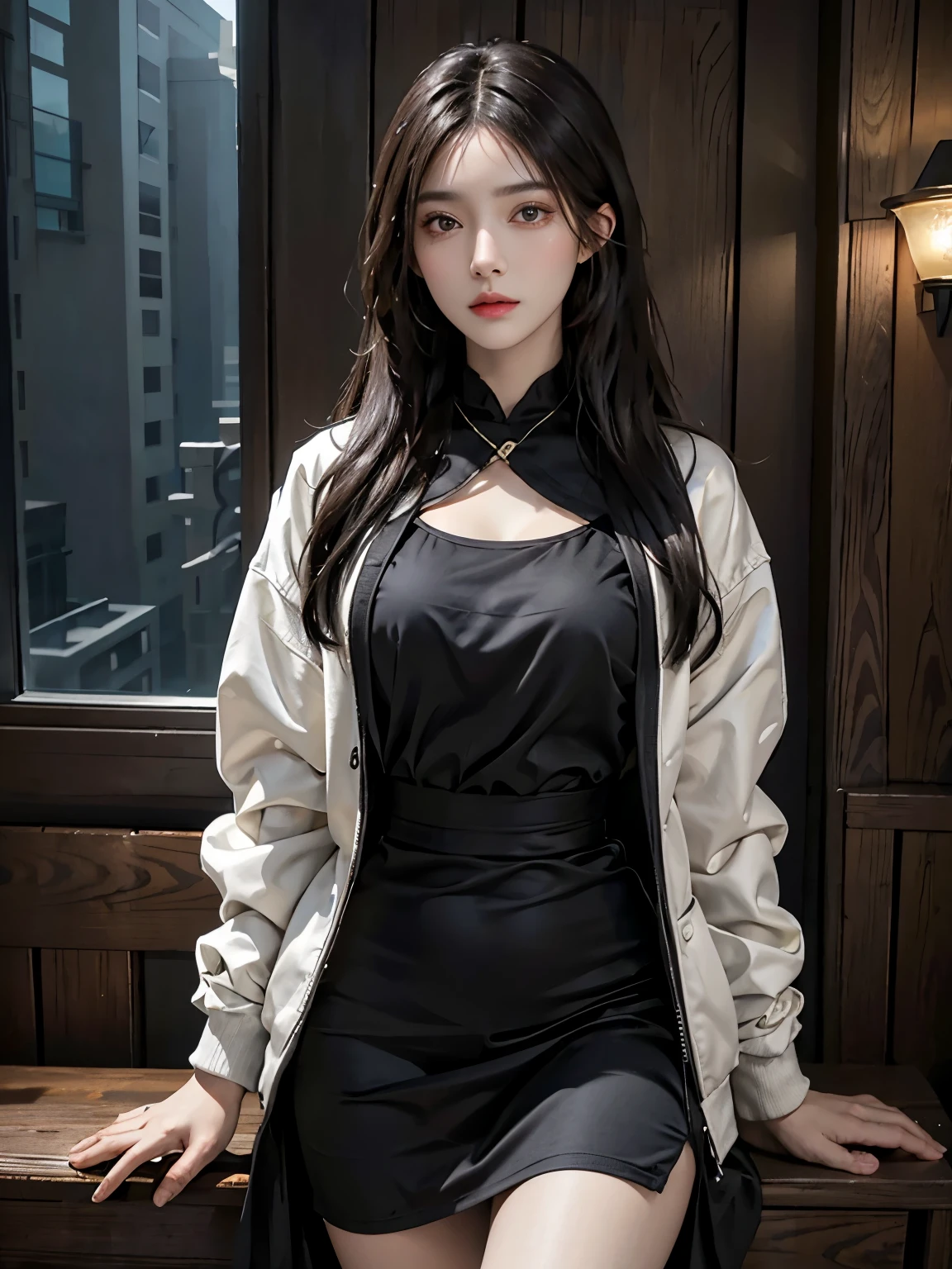 lifelike, High resolution, 1 female, alone, Hips raised, look at the audience, (Detailed face), Colorful streetwear, Jacket, dress, , winter night，Highly detailed facial and skin textures, delicate eyes, double eyelids，surreal，Super real photos，BeautifulDelicate eyes，black hair，bohemian long hair，There is light on the face, movie lighting，illustration, Very detailed，Level verbose, High resolution, Very detailed, best quality, masterpiece