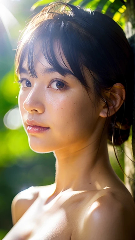 {top-quality}, {{masterpiece}}, {extremely delicate and beautiful},Outstanding light and shadow, highly detailed wallpaper,Clear and bright sunlight,1girl in,lightly dressed、gaze looking beyond,red blush,Strong sunshine,delicate and messy hair,realistic skin textures, Pronounced pores and skin wrinkles,tropical rainforest,((strong light shines on the face)), The whole part of the body, naked portrait, nude photography, detailed armpit, pussy pubic hair, shiny nipple
