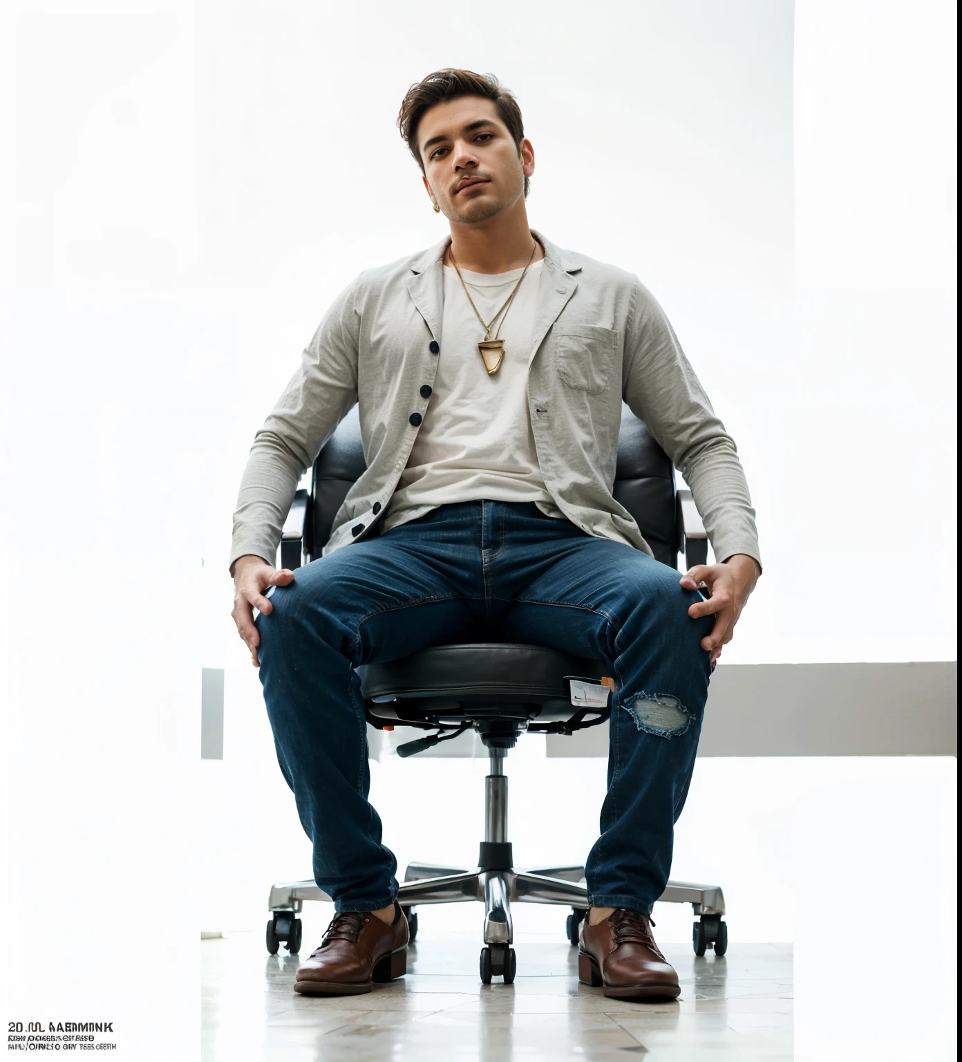 roupa de trabalho, homem sitting with legs wide open,illustration,highly detailed background,hispanic,dressed casually,relaxed pose,seen from a low angle, vibrant colors,warm lighting