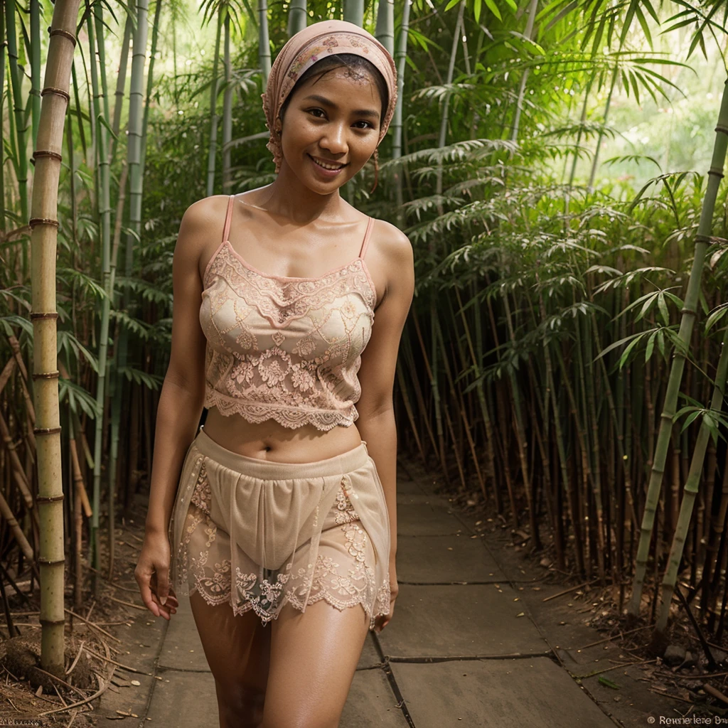 Realistic photo depicting an Indonesian woman, villager, poor woman, 52 years old, wearing peach color hijab, wearing see-through peach color lace camisole, wearing very short see-through peach color lace skirt, smiling, darker skin, curvier body, short body, standing in bamboo forest, facing the camera, full body, making it very realistic and detail