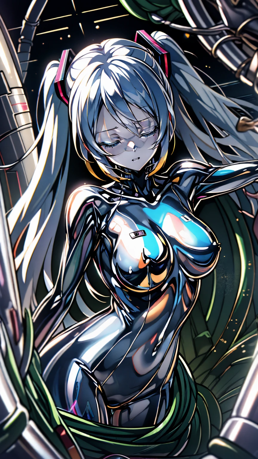 ((((masterpiece, 32K, high quality, very_high_resolution, large_filesize, full color)))), ((nsfw)), (((Hatsune Miku VOCALOID))), (twintails), ((long hair)), ((grey skin:1.4)), (silver metal hair), ((full nude)), upper body, (Limb restraints with arms outstretched), be taken in by a machin, ((Mechanical tentacles entwine around the body)), the body is part of the machine, fear and despair, both eyes closed, The body surface is dyed with a silvery film, silver skin, silver hair,restrained, (The machine takes in the girl), The lower body is assimilated with the machine, Ultimate physical beauty, ((inside the dark gundam cockpit)), (body glowing silvery), (super detailed skin), high resolution, anime style, (body_unite), (tentacles), (liquid metal girl)