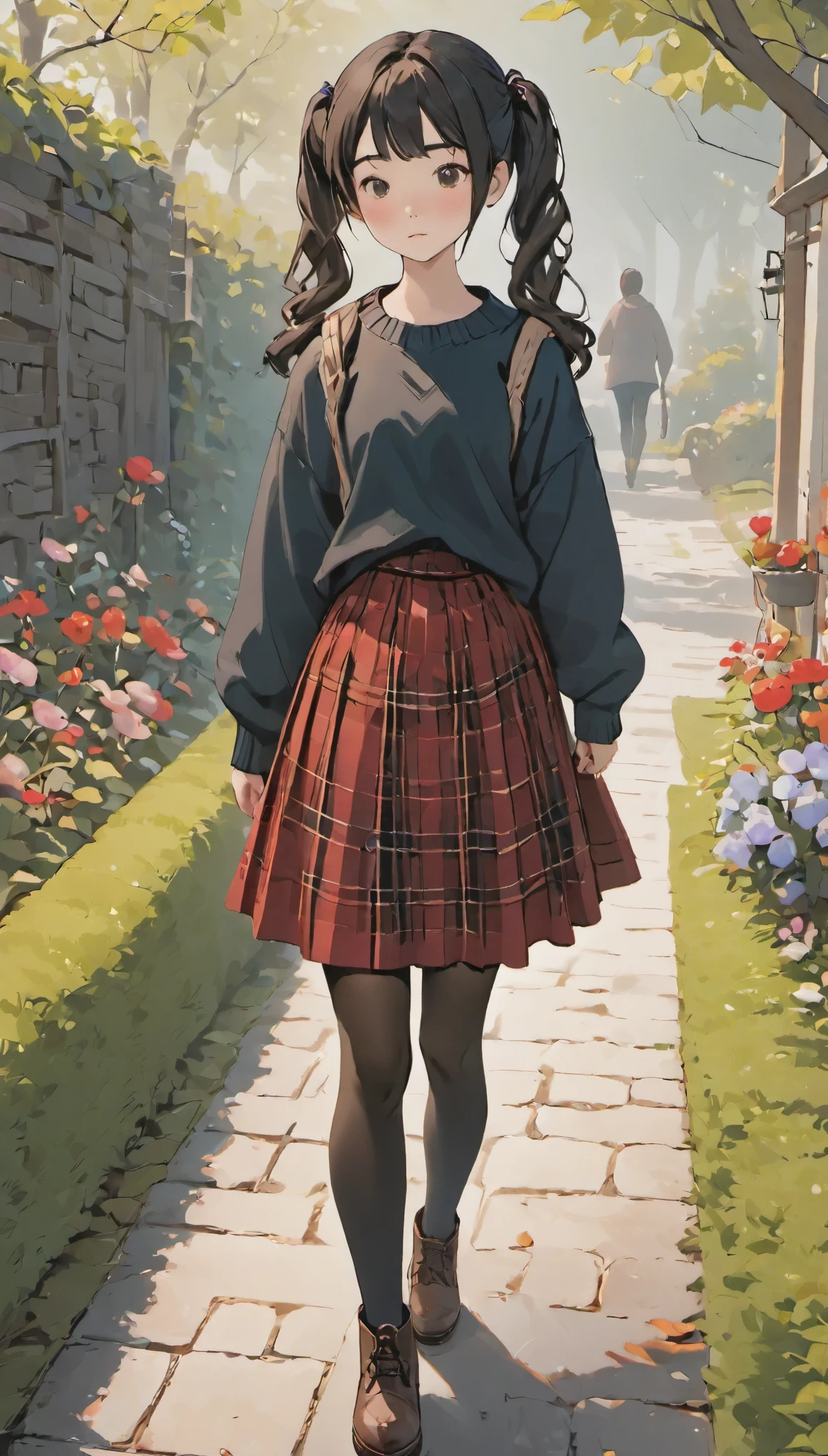 (high quality, High resolution, Super detailed, realistic:1.37), peaceful atmosphere, (outdoor, garden), teenage girl standing alone, , small face、Beautiful detail features, An ennui look、 (black hair pigtails), ribbed sweater, red plaid skirt, black tights, brown boots.