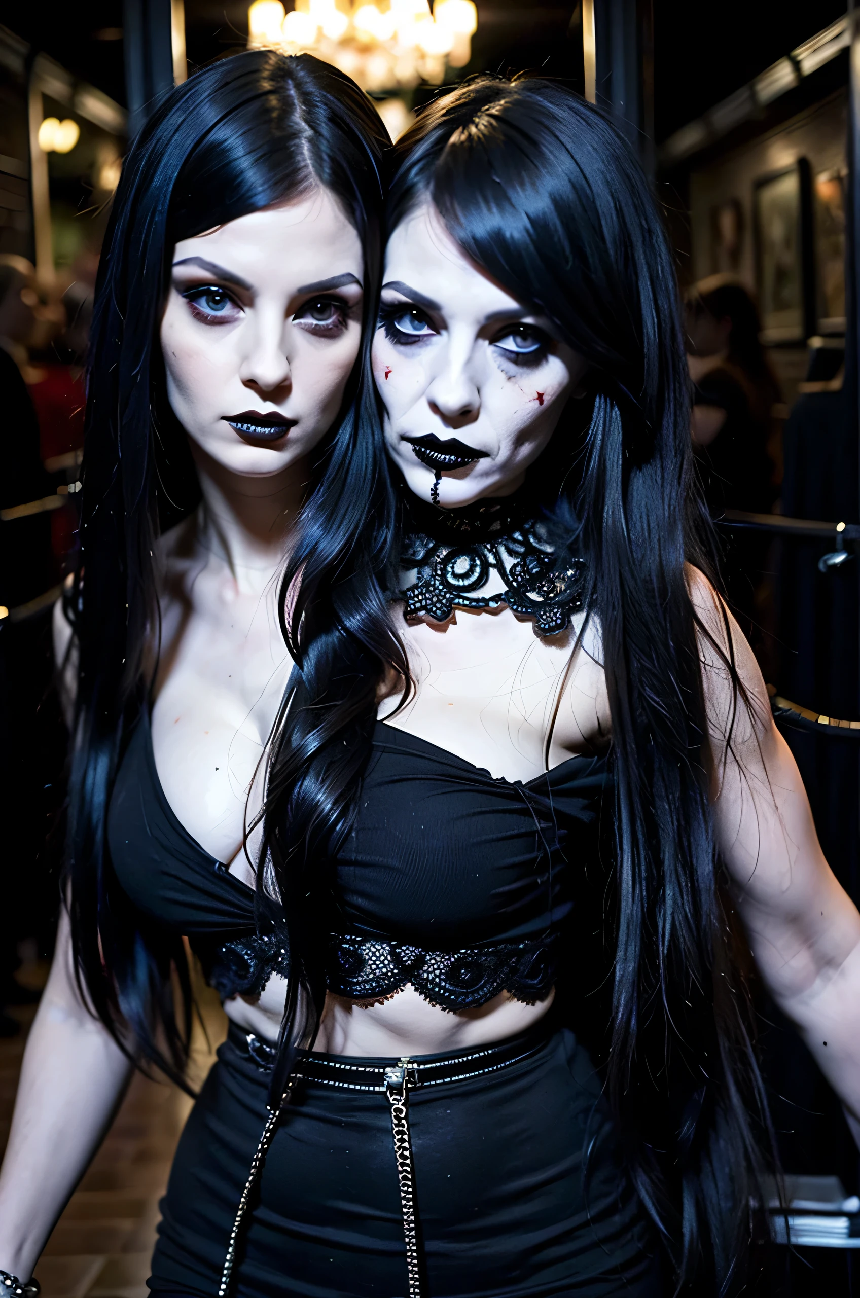 2heads, two-headed girl, horror fan, goth fashion, at horror convention, pale skin, black hair, age 25,