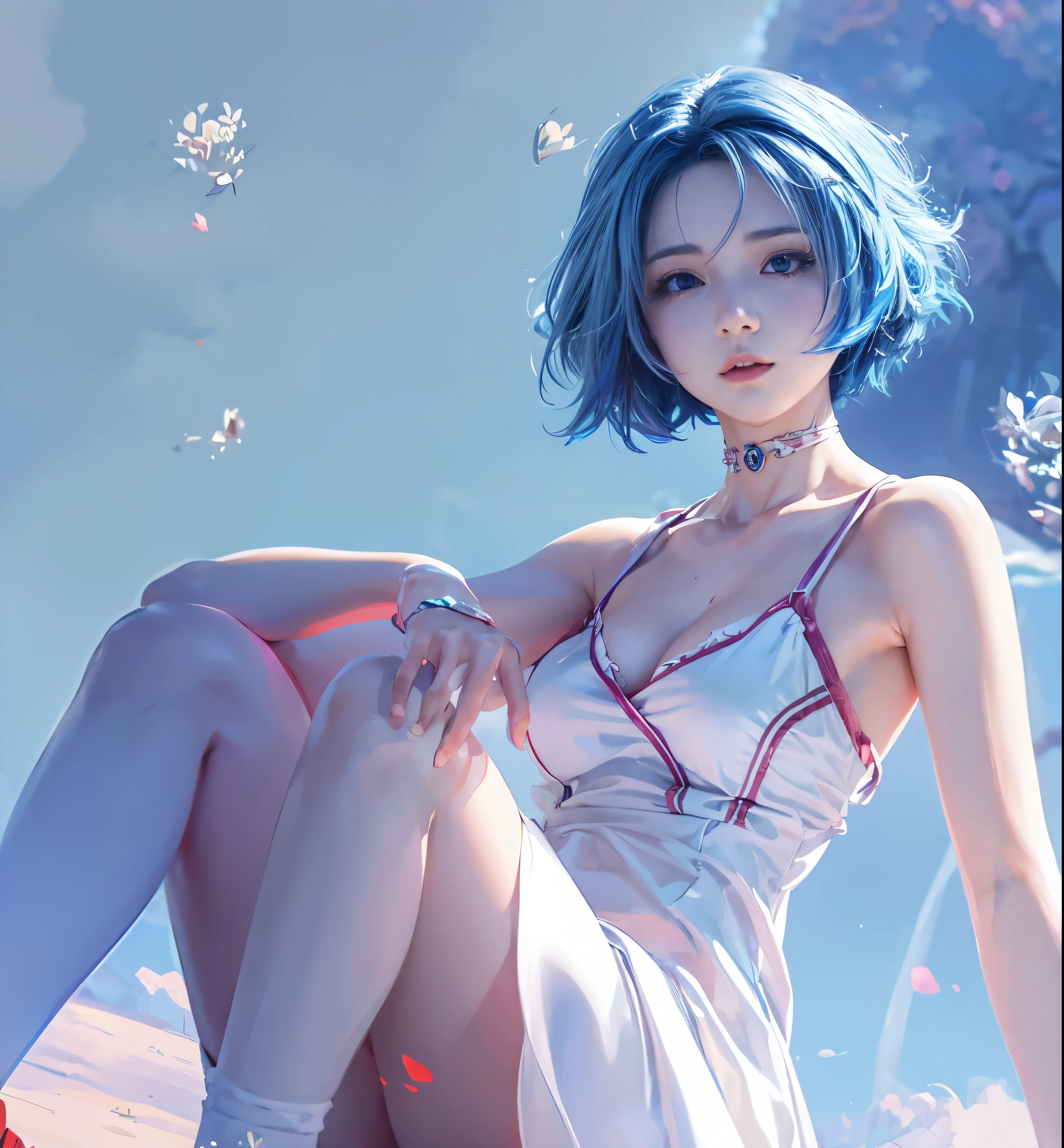 Blue-haired anime girl in white dress sitting on rock, guweiz style artwork, anime styled digital art, anime style. 8K, anime style 4 k, digital animation art, ross tran style, anime art style, woman with blue short hair, Popular topics on cgstation, anime style digital art, fantasy art style