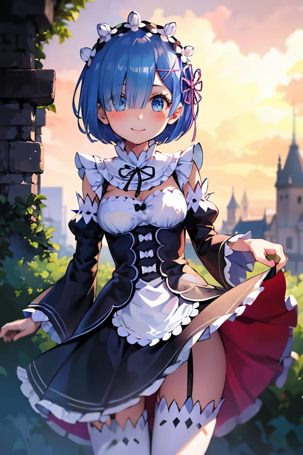 blue hair, rem \(re:zero\), [smile], blush, castle,, masterpiece, best quality, perfect lighting, 1girl, upskirt, medium breasts,