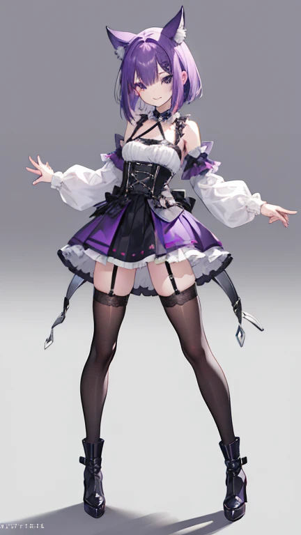 Girl with purple hair,medium bob hair,Harness,garter belt,boots,Heel,simple background,smile,whole body,full body,standing position,Standing picture,VTuber,front,How to look at the viewer,視線をfrontに,