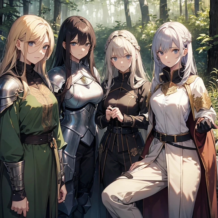 A group of  female knights, (in forest), various hair styles, metal armor, harem, trousers, seducing