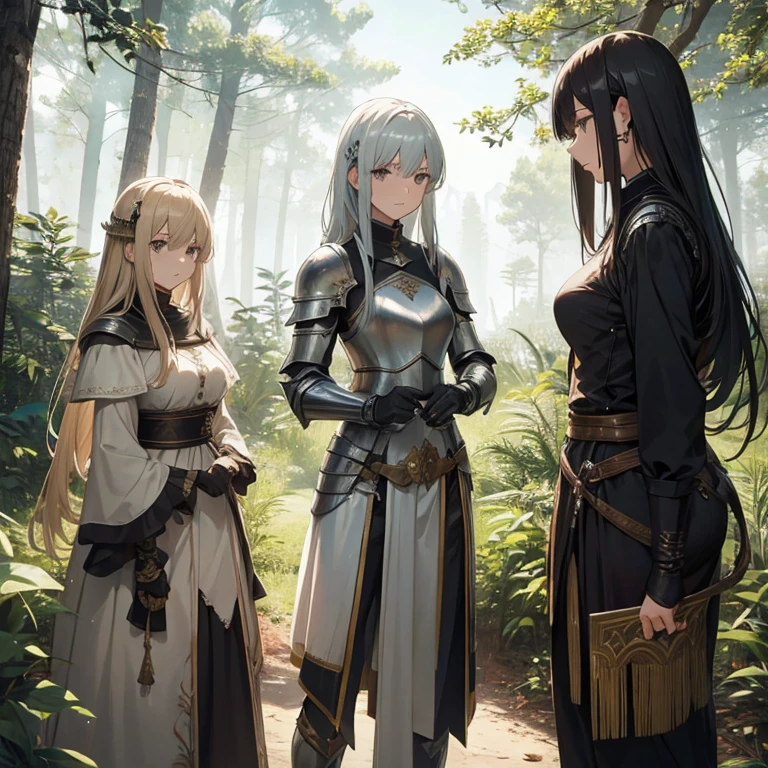 A group of female knights, (in forest), various hair styles, metal armor, harem, trousers, seducing