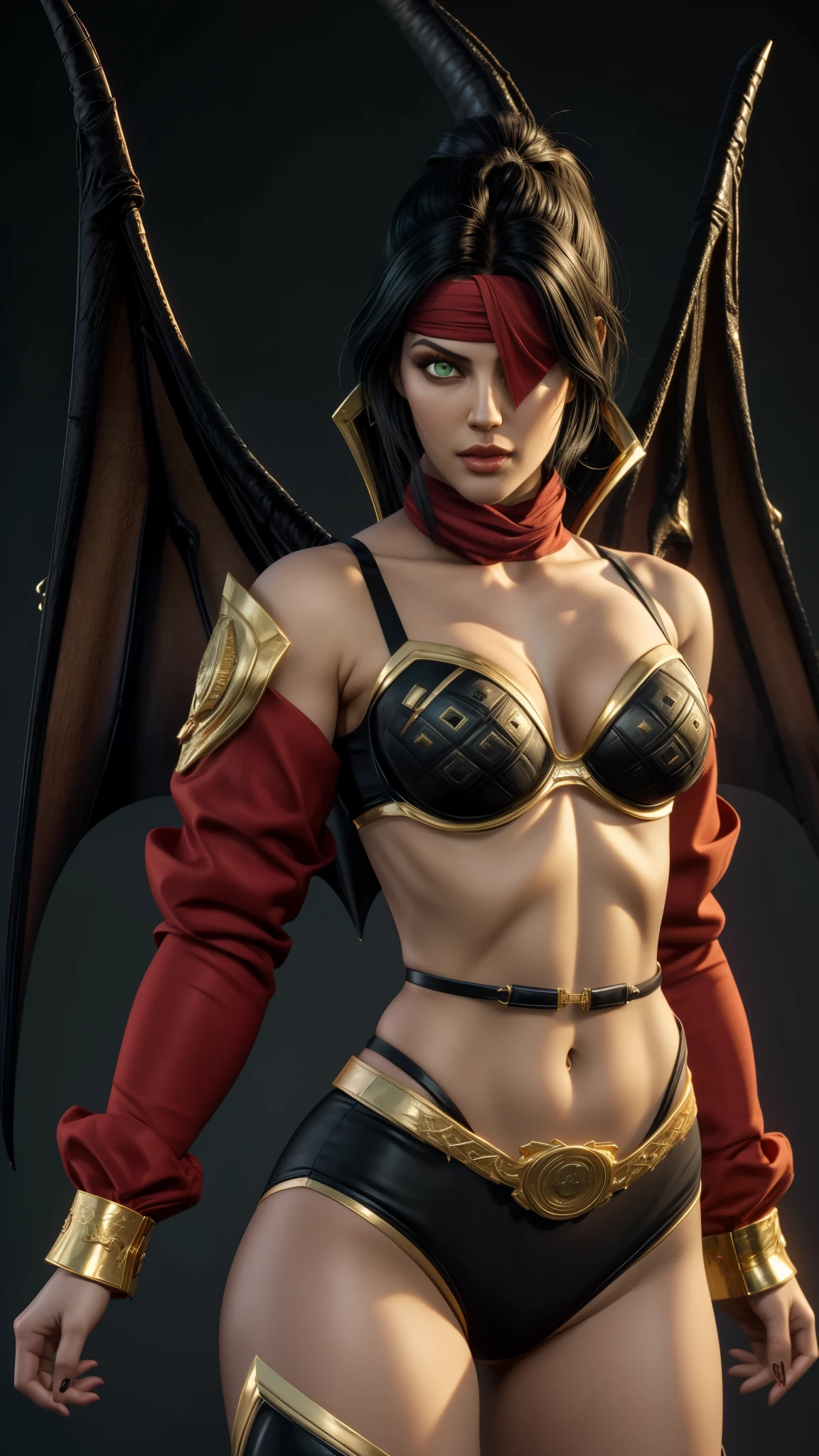 nitara,   black hair, hairpin,  green eyes, 
black bra, red  cloth eyepatch, gold trim, red long sleeves,   black underwear,  
bat wings, 
 upper body, happy, standing,  
mortal kombat, night, ship, 
(insanely detailed, beautiful detailed face, masterpiece, best quality)    