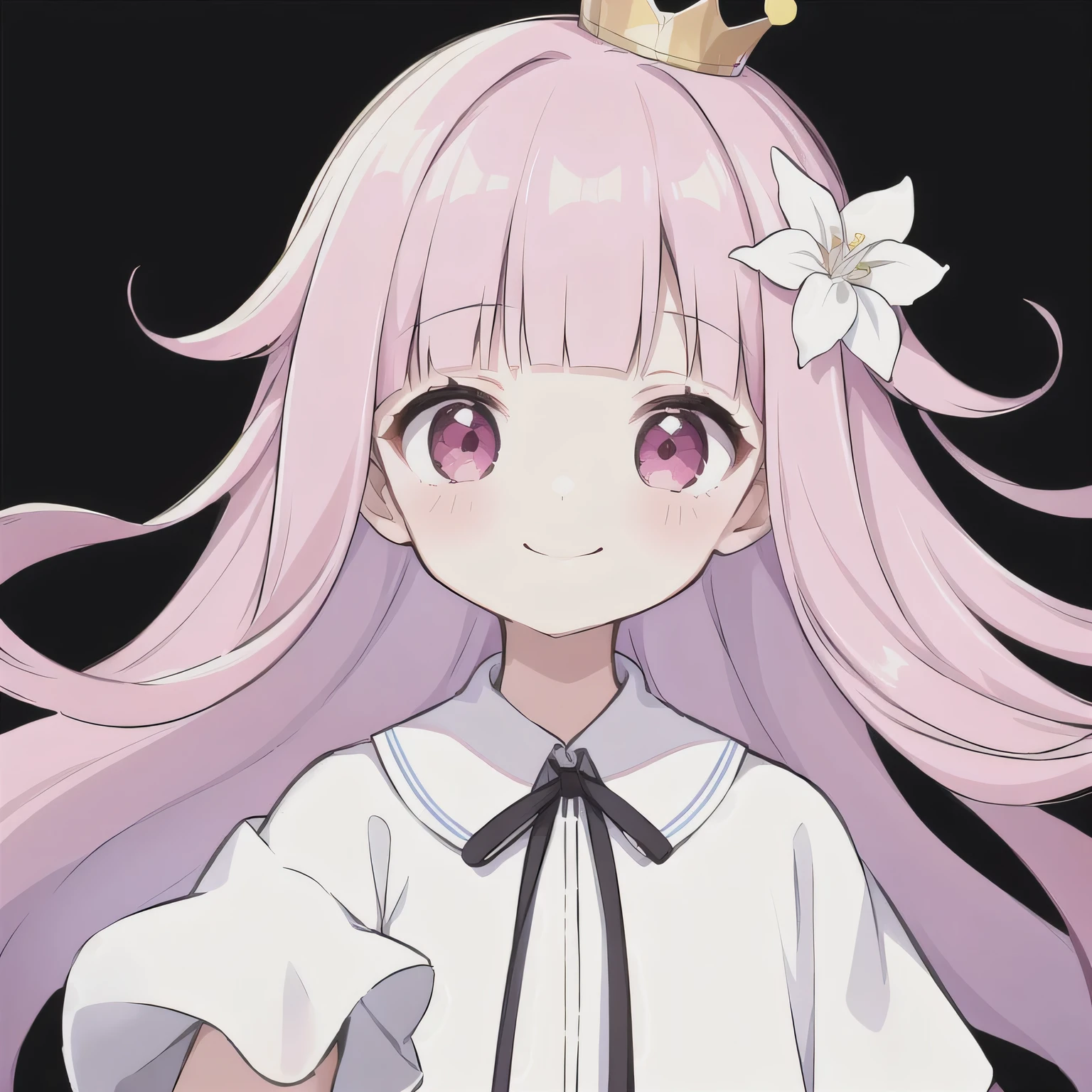 1girl, masterpiece, wearing white dress, long hair, wearing crown, pink eyes, smile, 8k resolutions, looking to the side, blunt bangs, pink hair, flower hair ornaments
