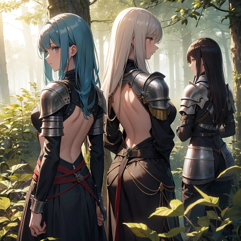 A group of  female knights, (in forest), various hair styles, metal armor, harem, trousers, seducing, backless