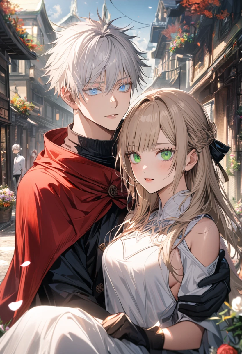 4k, very detailed, hd, Aida, ash blonde hair with bangs, green eyes, white fantasy dress with black patterns, red cape, Jujutsu Kaisen, town, flowers and petals, sunlight, black ribbon on her hair, pretty, extreme beautiful, black gloves, Gojou Satoru, white hair, blue eyes, 1 woman with a man as a couple, white eyelashes, handsome