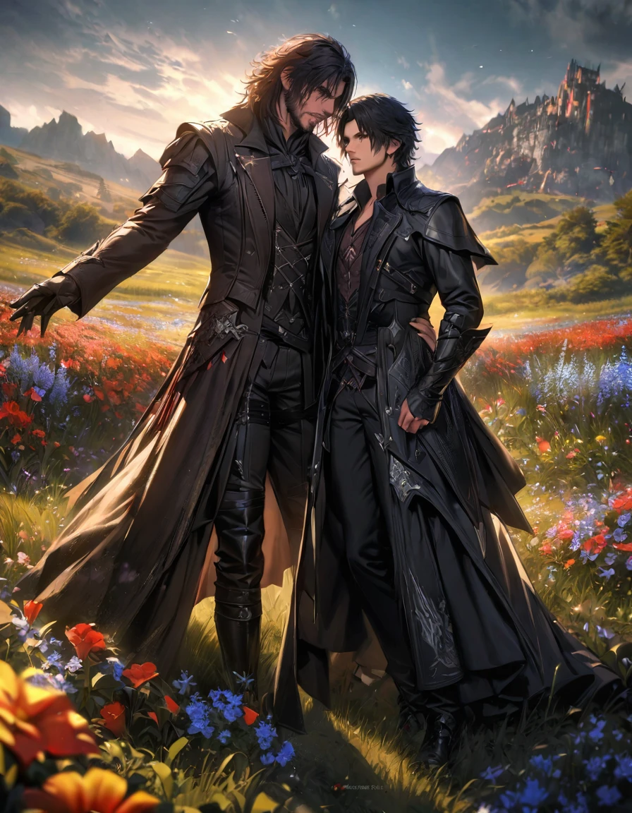 absurdres, highres, ultra detailed, HDR), masterpiece, best quality, vibrant golden eyes, Ardyn Izunia, red medium hair, black hat, Final fantasy xv, Clive Rosfield, black short hair, Final Fantasy 16, black fantasy clothes, 2men together, gay, handsome, field, flowers, grass