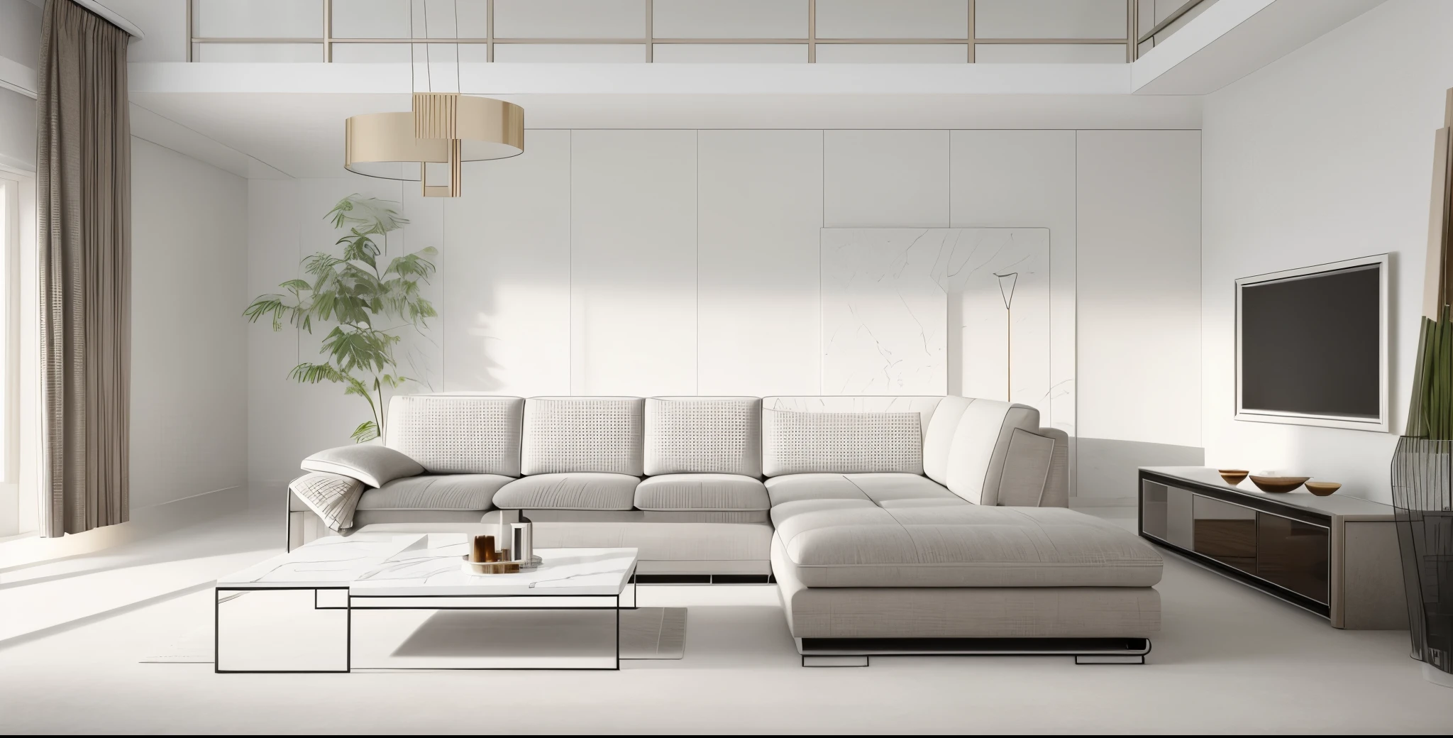 (masterpiece, best quality:1.2), Modern living, sofa and chair,tea ,table, modern minimal design, simple clean lines, daylighting,warm light, rendered lighting, render by vray , soft light, marble stone partion, shelf decor