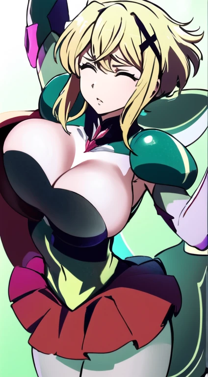 closed eyes, green transparent background, dynamic angle, flying in the center, ((masterpiece, best quality)), kirika akatsuki, aakirika, 1girl, topless, solo, young female, model, blonde hair, long wavy luminous hair, long bangs, huge breasts, g-cup breasts,full breasts, highest details, luminous eyes, x hair ornament, green eyes, ((futuristic magical girl)), elbow gloves, skirt, pantyhose,kirika akatsuki, short hair, x hair ornament,