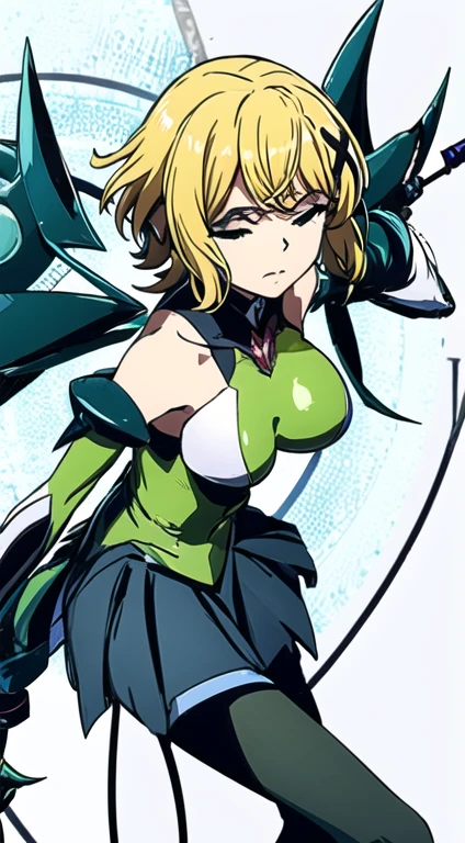 closed eyes, green transparent background, dynamic angle, flying in the center, ((masterpiece, best quality)), kirika akatsuki, aakirika, 1girl, topless, solo, young female, model, blonde hair, long wavy luminous hair, long bangs, huge breasts, g-cup breasts,full breasts, highest details, luminous eyes, x hair ornament, green eyes, ((futuristic magical girl)), elbow gloves, skirt, pantyhose,kirika akatsuki, short hair, x hair ornament,