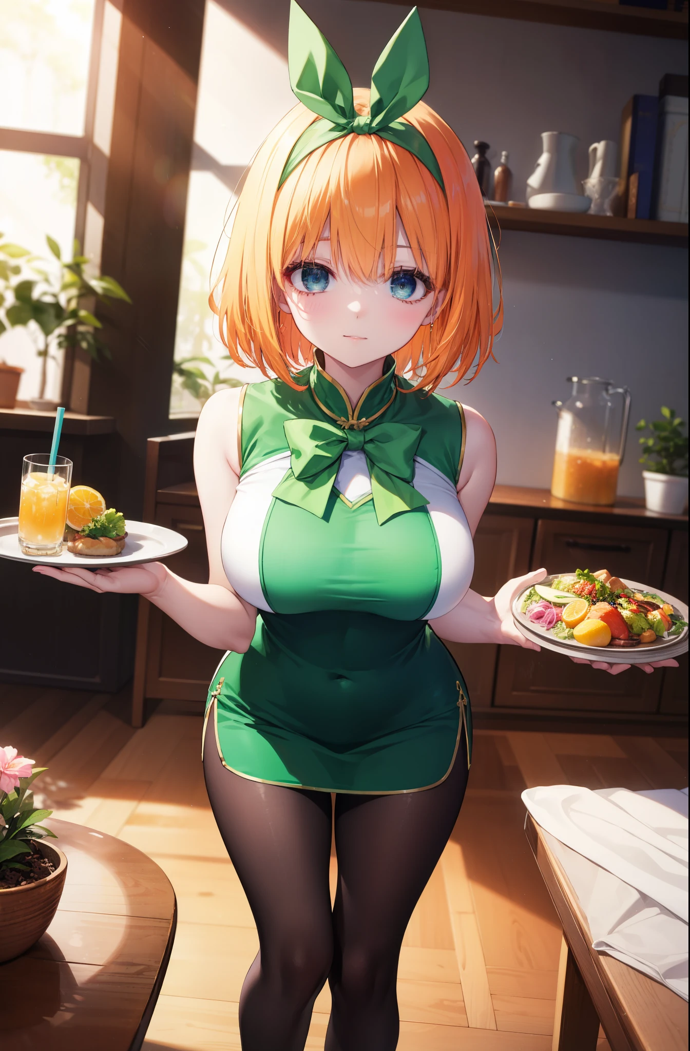 yotsubanakano, yotsuba nakano, bangs, short hair, blue eyes, hair between eyes, hair ribbon, hair band, orange hair,big breasts, green ribbon, bow, ribbon, green ribbon, green sleeveless cheongsam,green slit skirt,black pantyhose,stiletto heels,food, drink,  cleaning, tray, tray in one hand,come to the table to take the order,happy smile, 口を開ける
break looking at viewer,
break indoors, chinese style indoor,
break (masterpiece:1.2), highest quality, High resolution, unity 8k wallpaper, (shape:0.8), (fine and beautiful eyes:1.6), highly detailed face, perfect lighting, Very detailed CG, (perfect hands, perfect anatomy),