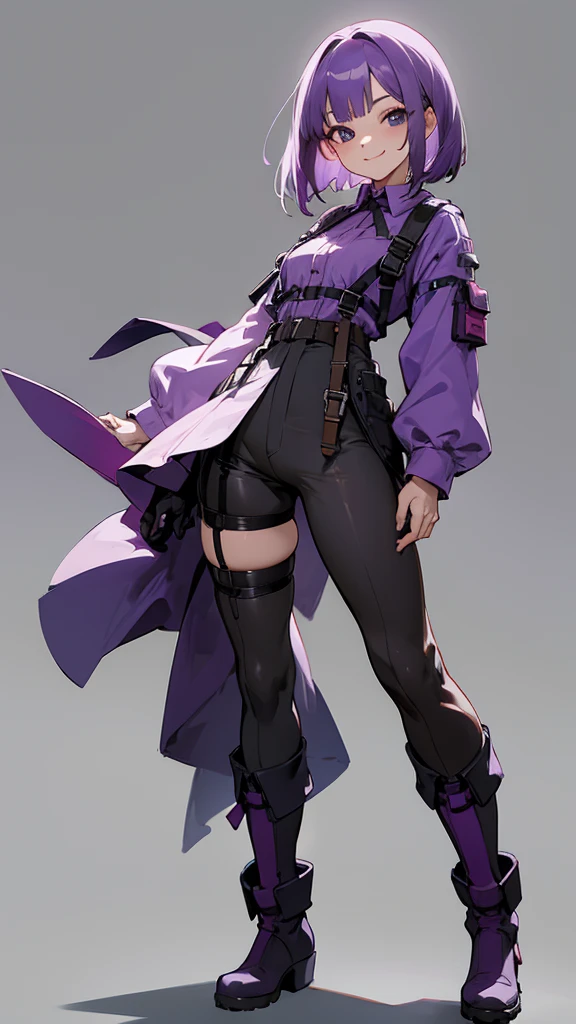 Girl with purple hair,medium bob hair,Harness,garter belt,pants,boots,Heel,simple background,smile,whole body,full body,standing position,Standing picture,VTuber,front,How to look at the viewer,視線をfrontに,