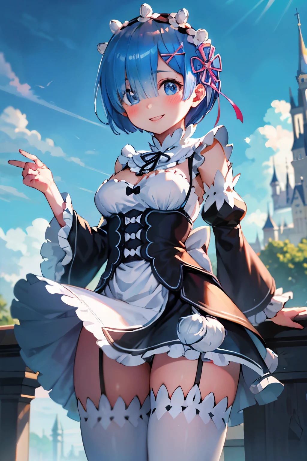 blue hair, rem \(re:zero\), [smile], blush, castle,, masterpiece, best quality, perfect lighting, 1girl, upskirt, medium breasts,