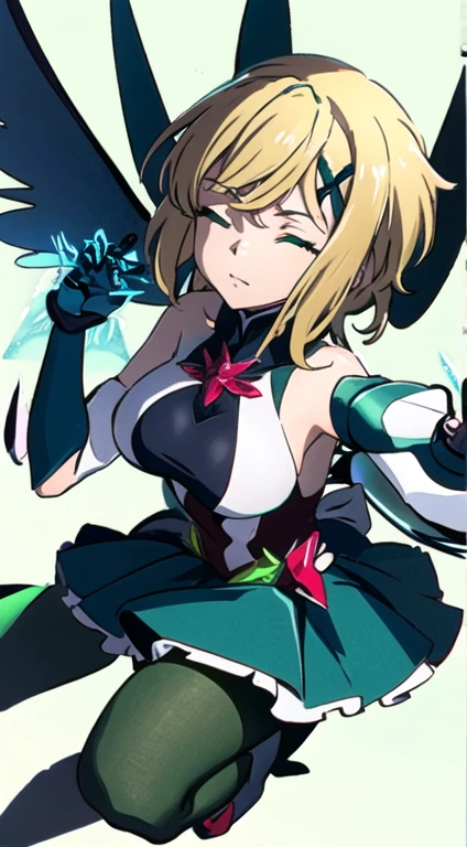 closed eyes, green transparent background, dynamic angle, flying in the center, ((masterpiece, best quality)), kirika akatsuki, aakirika, 1girl, topless, solo, young female, model, blonde hair, long wavy luminous hair, long bangs, huge breasts, g-cup breasts,full breasts, highest details, luminous eyes, x hair ornament, green eyes, ((futuristic magical girl costume)), elbow gloves, skirt, pantyhose,kirika akatsuki, short hair, x hair ornament,