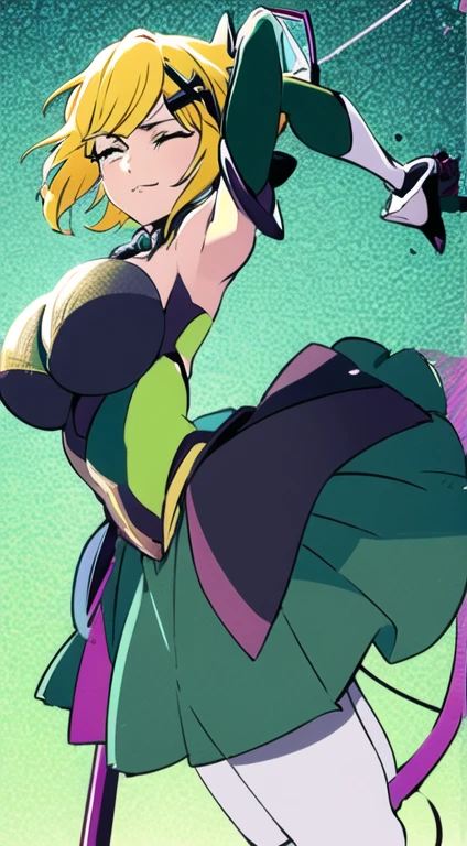 closed eyes, green transparent background, dynamic angle, flying in the center, ((masterpiece, best quality)), kirika akatsuki, aakirika, 1girl,, solo, young female, model, blonde hair, long wavy luminous hair, long bangs, huge breasts, g-cup breasts,full breasts, highest details, luminous eyes, x hair ornament, green eyes, ((futuristic magical girl)), elbow gloves, skirt, pantyhose,kirika akatsuki, short hair, x hair ornament,
