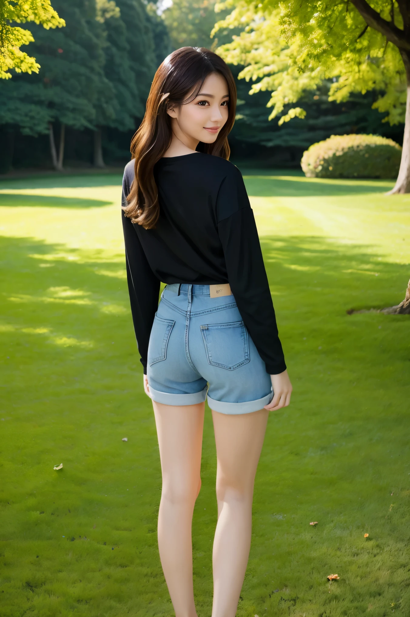 (highest quality、masterpiece、8K、best image quality、hyper realism、Award-winning work)、1 female、(alone:1.1)、(Simple thin tight long sleeve T-shirt:1.1)、(Tight, long-sleeved T-shirt that fits perfectly:1.1)、(very short ripped distressed shorts:1.1)、(Beautiful park background with strong blur:1.1)、Perfect and most natural beautiful grass park、Large, well-maintained lawn park、(Standing gracefully:1.2)、(full body photo:1.3)、(emphasize body line:1.1)、(slender and beautiful legs:1.3)、(beautiful long legs:1.3)、slender body、(Rear view:1.2)、(ass facing me:1.1)、(look back at me:1.1)、accurate anatomy、perfect makeup、long eyelashes、glossy lips、Ultra high definition glossy skin、(Ultra-high definition bright and beautiful skin:1.1)、超高精細のglossy lips、Super high definition beautiful teeth