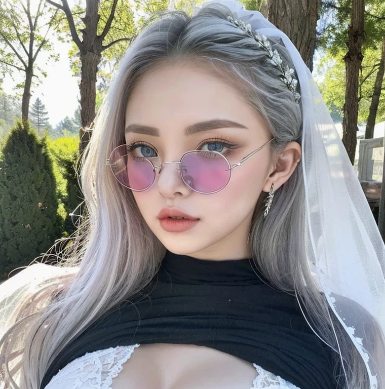 1 miniature Beautiful beautiful woman - Yuan Sayuki, ((top quality, 8K, Masterpiece:1.retty woman, 1 woman, huge breasts:1.3, a slim body:1.1, lush white long hair, (shower, wet body, wet clothes:1.1), very detailed face, detailed lips, detailed eyes, double eyelids, Detailed blue eyes, чрезвычайно Detailed Outstanding Blue Eyes, white wet hair, white wet hair, Detailed Outstanding Blue Eyes, innocent look at the viewer, very wet wavy white hair, Detailed Outstanding Blue Eyes, huge cross earrings, Outdoors, badges behind, gothic wedding uniform, sexy gothic style wedding dress with veil, bare chest, huge chest tattoo wearing a wreath, detailed huge earrings, chest tattoo, Outside - there are trees and a buddhist temple in the background, wear a silver cross (Detailed cross shape), reality mode, wet breasts, black necklace, black wedding dress and black veil, human crowd behind, head/forehead chain veil, black latex gloves, naked breasts, naked breasrs, naked nipples, hair of white snowy colour, accurately detailed RED TAINTED GLASSES