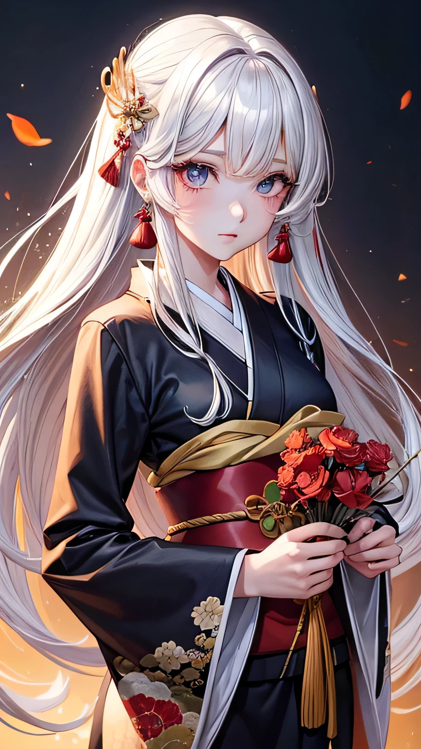 1,67 corpo magro quadro largo e seios pequenos, longos cabelos brancos com mechas pretas, cabelo perfeito, olhos azuis lindos, sem pupila, opacos e profundos, red eyelashes, unreal, anime oriental, kimono vermelho, flores