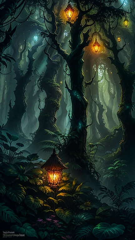 shrouded in mysterious mist and warm sunshine, Enchanting Elven Forest teeming with vibrant flora and fauna, Calling you to discover its hidden wonders. illustration, movie lights, fantasy, High resolution, best quality, Super detailed, best quality, masterpiece, Forest plants with neon details, Small mutant animals in the background