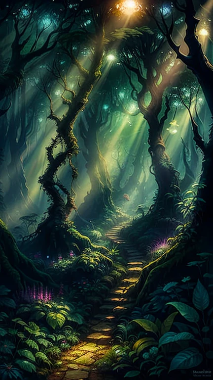 shrouded in mysterious mist and warm sunshine, Enchanting Elven Forest teeming with vibrant flora and fauna, Calling you to discover its hidden wonders. illustration, movie lights, fantasy, High resolution, best quality, Super detailed, best quality, masterpiece, Forest plants with neon details, Small mutant animals in the background