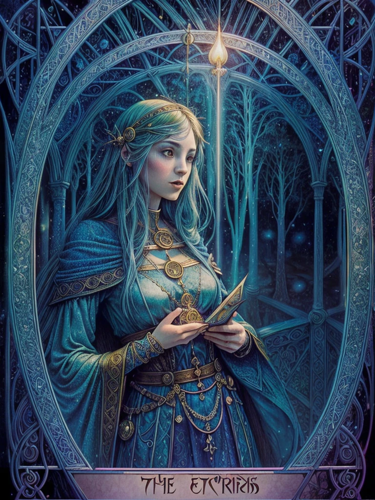 a girl holding tarot cards, mystical atmosphere, vibrant colors, intricate illustrations, detailed card symbols, ethereal lighting, mystical art style, fortune-telling, supernatural elements, whimsical backdrop, magical aura, surreal composition, antique card deck, mysterious and enchanting scenery