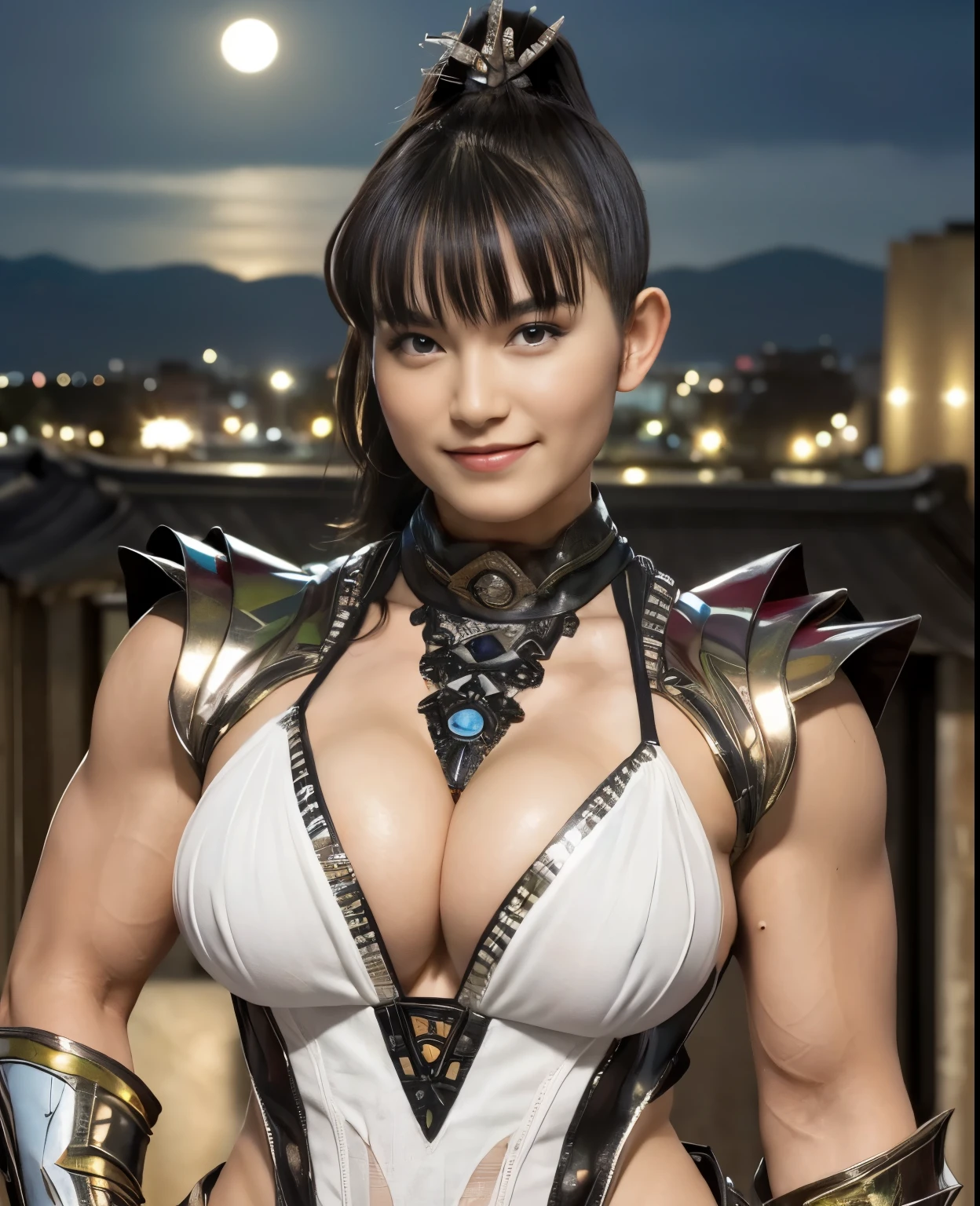 (highest quality:1.2),((perfect beautiful face:1.2), (Beautiful eyes drawn in detail:1.1)),(perfect and beautiful posture:1.2), full moon night, on the roof of the building,(ponytail, full of confidence々the smile of, big breasts, (Chubby:0.45), muscular body, body builder),Ultra-high precision photos,clear eyes, ((female barbarian:0.8), armor),close up of chest, fighting pose