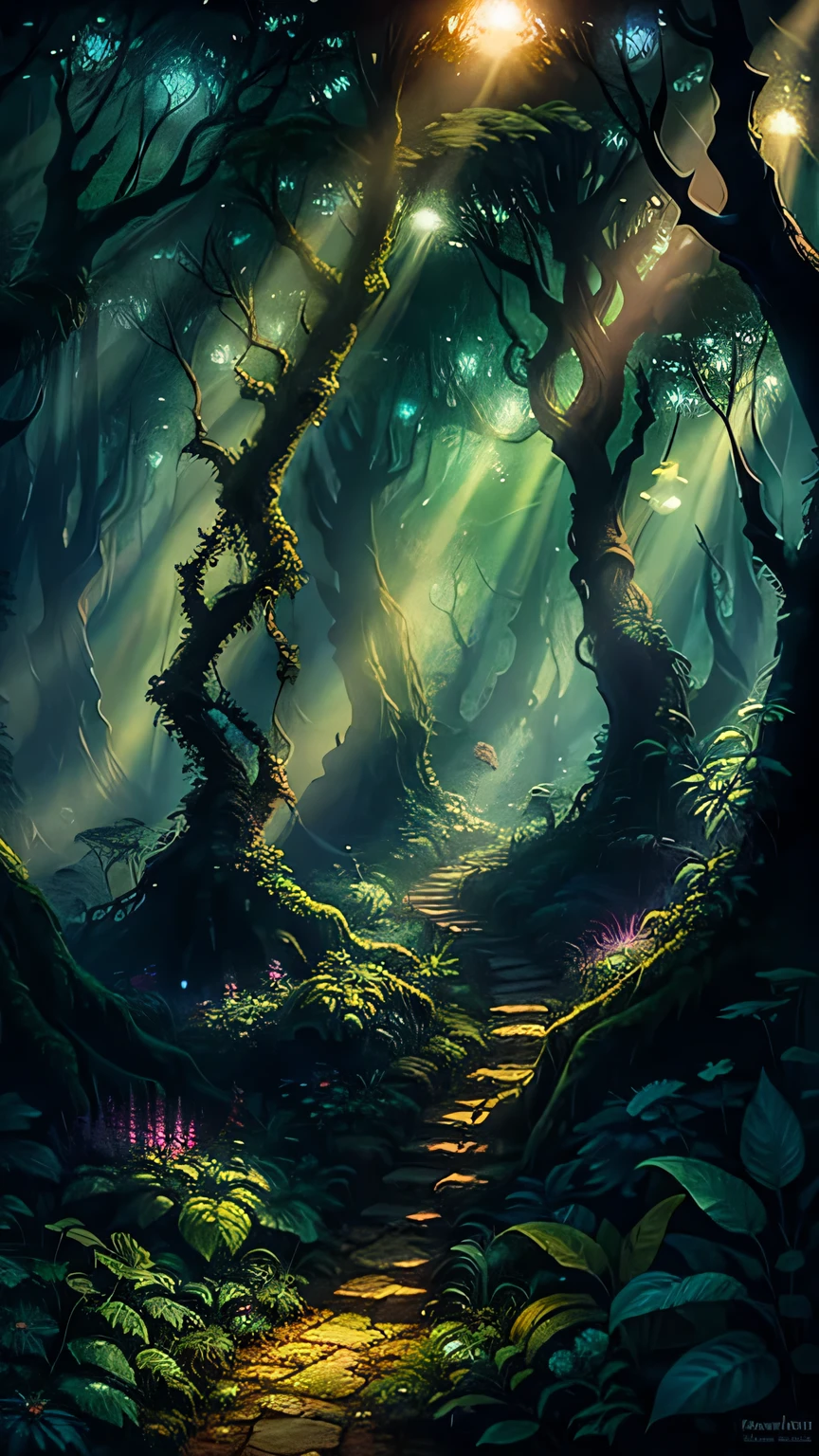 shrouded in mysterious mist and warm sunshine, Enchanting Elven Forest teeming with vibrant flora and fauna, Calling you to discover its hidden wonders. illustration, movie lights, fantasy, High resolution, best quality, Super detailed, best quality, masterpiece, Forest plants with neon details, Small mutant animals in the background