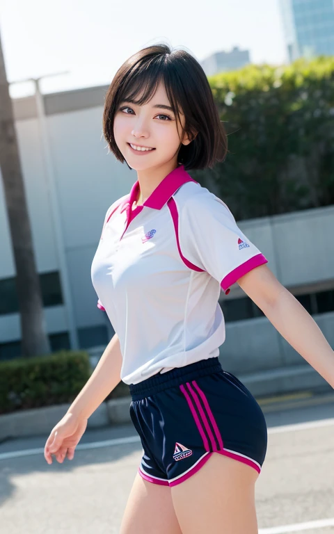 ((((whole body 1.4))))、(logo、masterpiece、8K、smile、volleyball player uniform、pink sneakers、wonderful、最high quality、フォトリアリスティックでvery detailedな CG 統合 8k 壁紙、high quality、very detailed、Narrative poem、particle effects、dynamic effects、written boundary depth、cinematic light、Lens flare、ray tracing)、fantasy、black haired、short hair、beautiful face、real face、beautiful details eyes beautiful skin)、髪がWindで踊る、Hair flutters in Wind、hair bounces、sunrise、sun on background、Wind、city