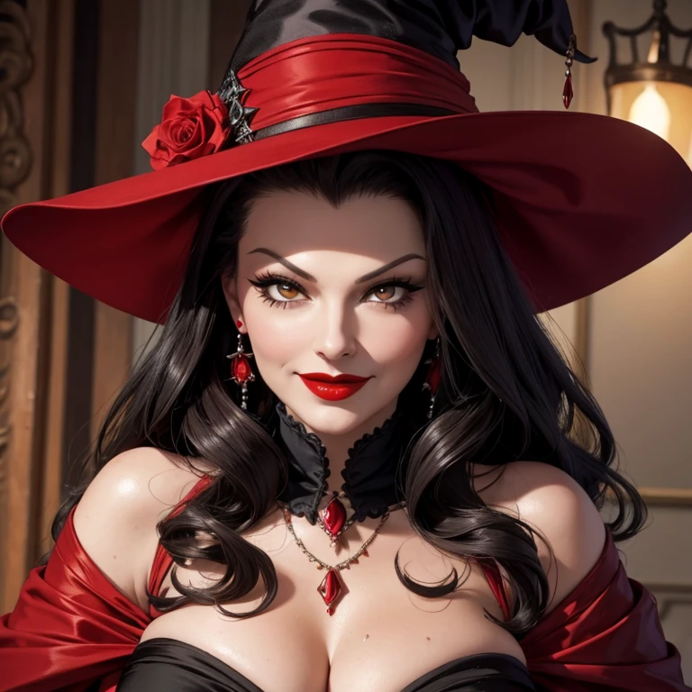 Yvonne De Carlo as a witch pull out red lips detailed face smiling