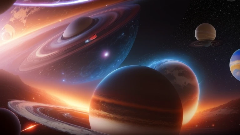 a close up of a group of planet in a dark sky, large planet in the background, planet in the background, planet and galaxies, planet behind, planet in the skies, planet in the sky, floating planet, 環のあるplanet, floating planet and moons, planet, planet align, planet and stars, planet in orbit, planet on the background