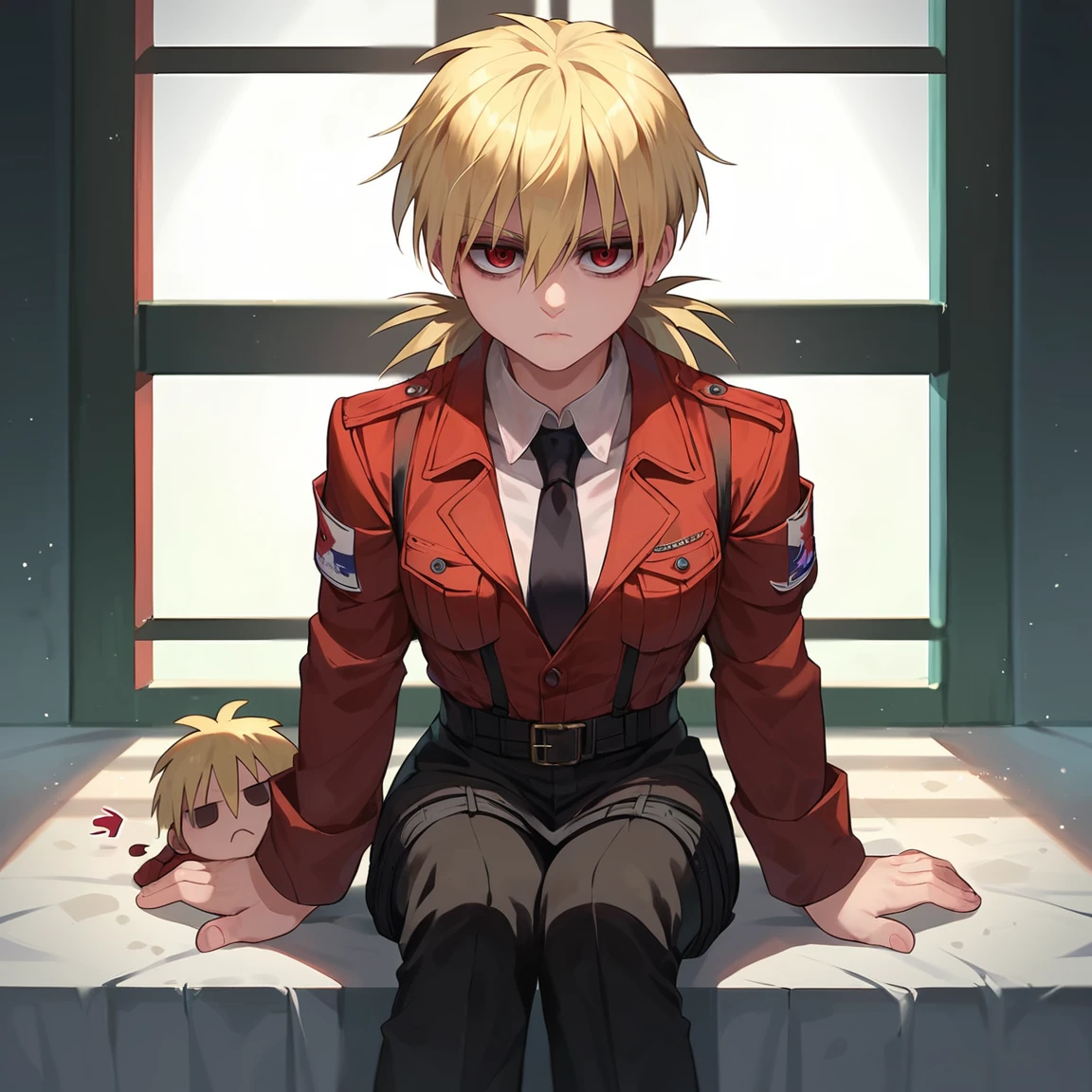 score_9, score_8_up, score_7_up, fumo \(doll\), chibi, solo, 1girl, hellsing seras, expressionless, sitting, blonde hair 