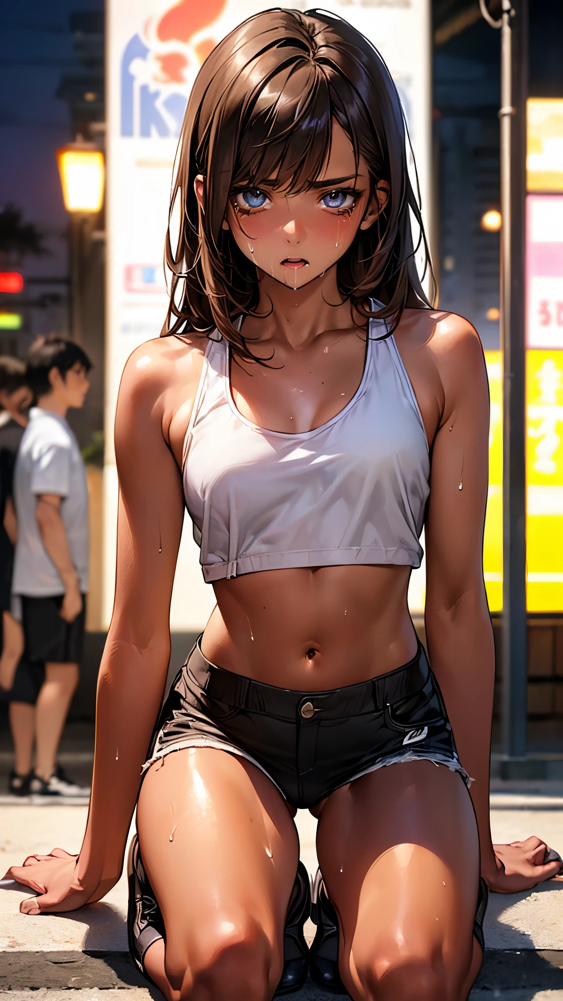 ((perfect anatomy:1.2,realistic:1.3,RAW Photography:1.3,masterpiece、highest quality、Ultra - High resolution、High resolution、Highly detailed CG、8K)),whole body,1 female,solo,18 year old beauty, Japanese、((beautiful detailed face and eyes:1.2,big gorgeous eyes:1.2)),dark brown  hair,long hair,bangs,medium breasts,slender body,small head:1.5,skinny,(brown skin:1.5),(oily skin,gleaming skin,shiny skin,sweat:1.2),(skindantation,black tanktop,navel,black microshorts,black socks,black sneaker shoes),Shibuya Station、Tokyo、neon、at night、