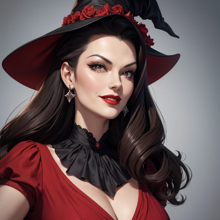 Yvonne De Carlo as a witch pull out red lips detailed face smiling drawn style one piece