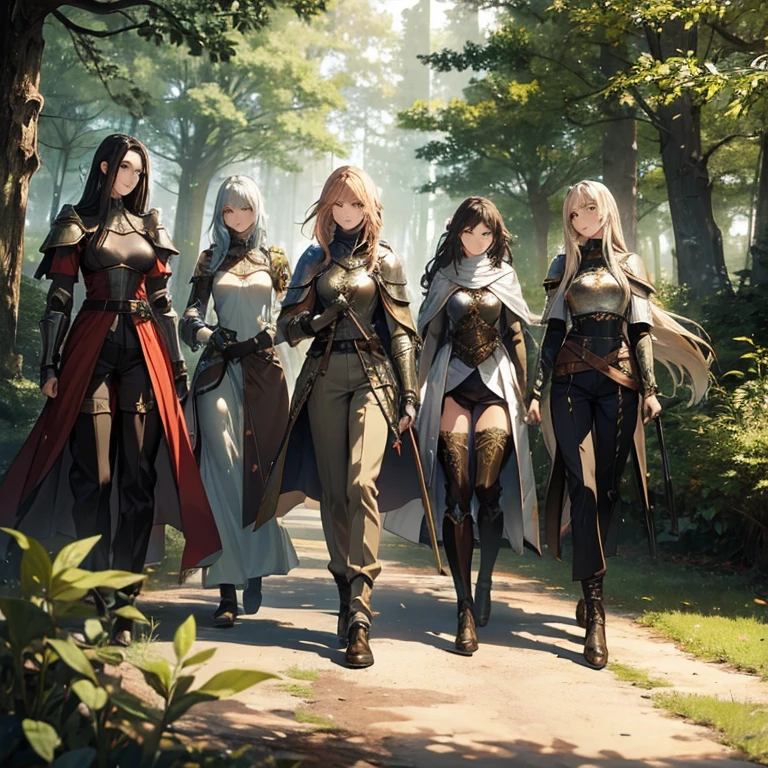 A group of female knights, (in forest), various hair styles, metal armor, harem, trousers, seducing