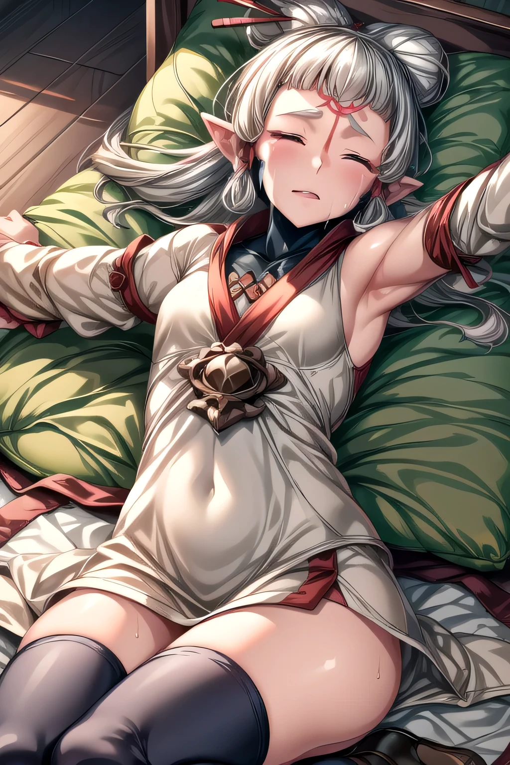 paya, hair ornament, white dress, black thighhighs, detached sleeves, sitting wariza,grass,sky,smile, Lying, Lying Back, Lying down, , sweat, solo focus, lying, armpits, on back, outstretched arms, spread arms, pillow, arm grab, bed, sleeveless, Scared, Crying, Worried, Defeated, bruised, Upset, soaked,closed eyes, sleeping
